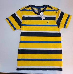 NAUTICA BOYS SHIRT SZ MED/ 10/12. NWT. YELLOW BLUE WHITE STRIPES.